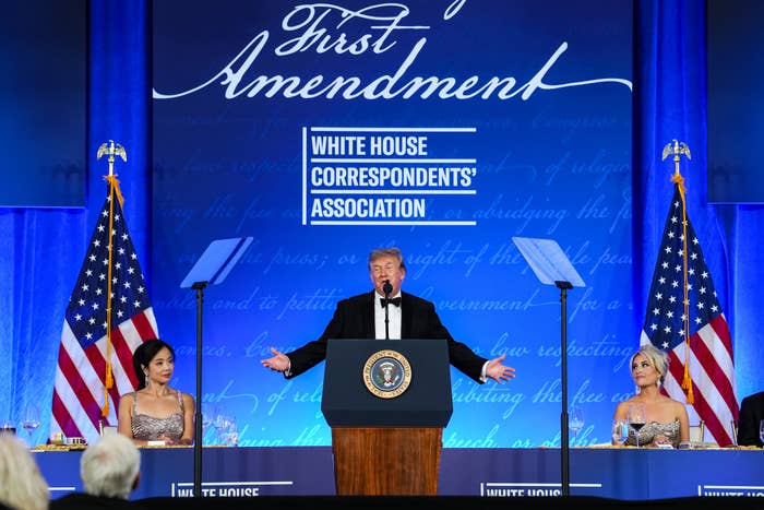 U.S. President Donald Trump speaks during the re-scheduled White House Correspondents Dinner