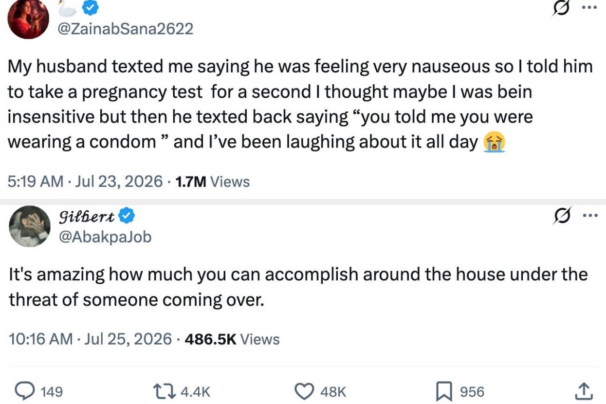 Tweet one: A person jokes about their husband's excuse related to a pregnancy test. Tweet two: A person comments on accomplishing tasks before visitors arrive
