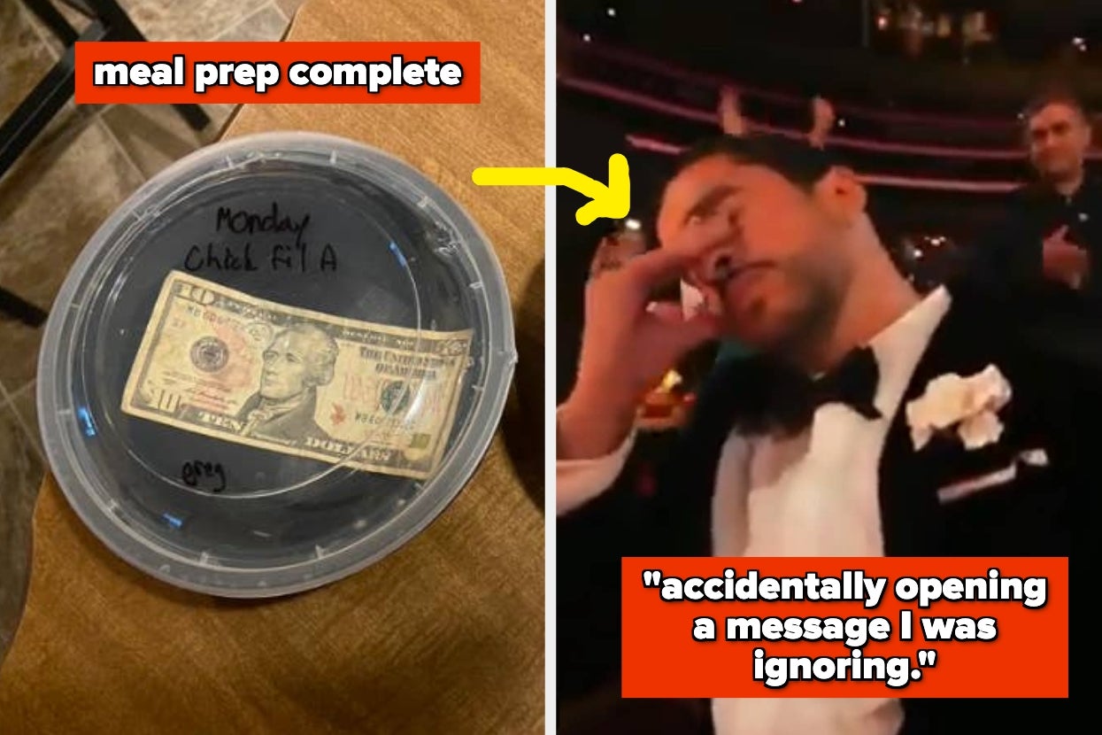 Container labeled "meal prep complete" with $10 bill vs Bad Bunny in suit covers his eyes during an emotional Grammys moment