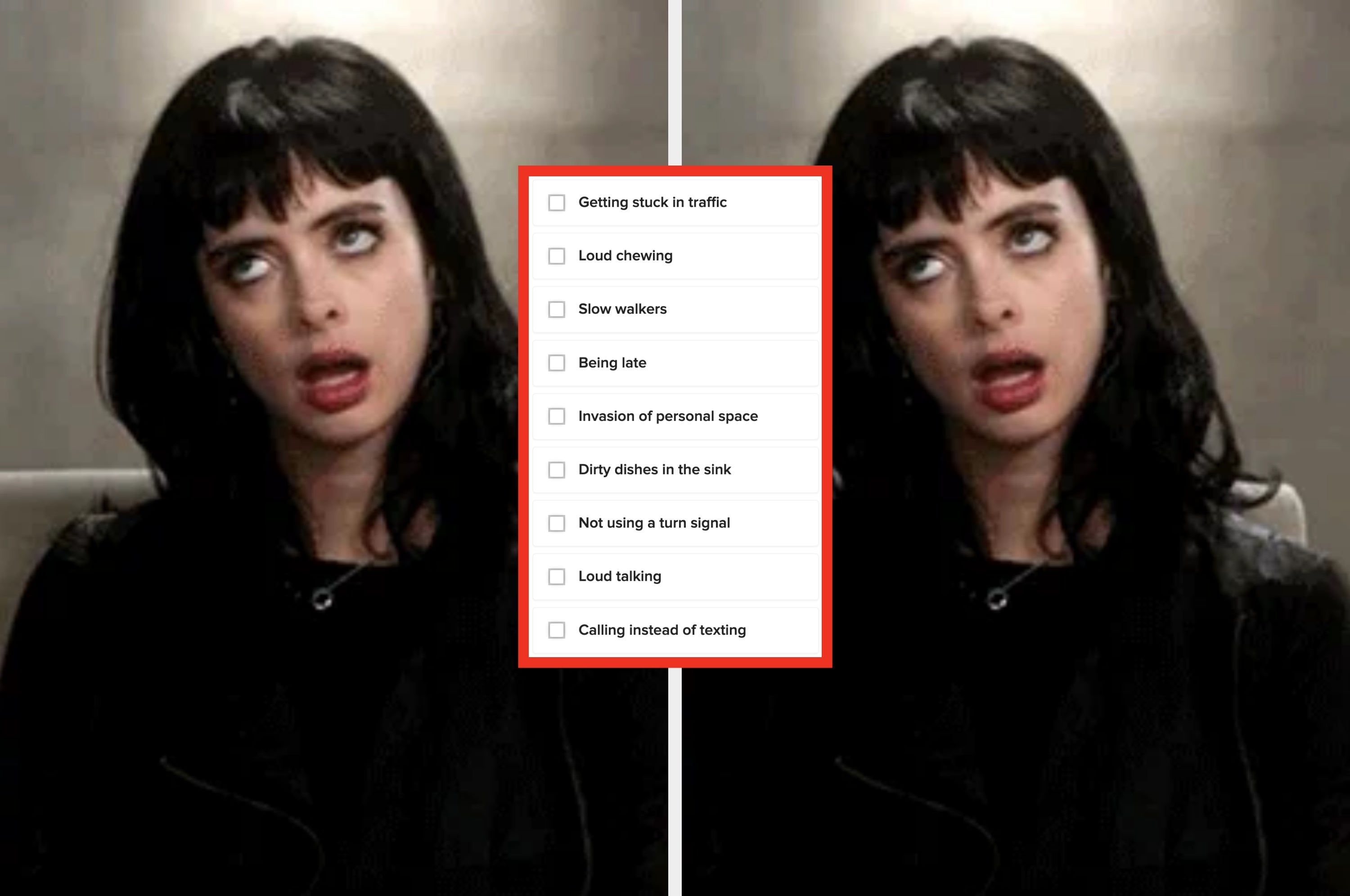 Split image of Krysten Ritter with an annoyed expression, screenshot of a checklist