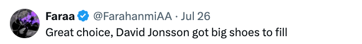 Tweet by user praising David Jonsson, stating he has big shoes to fill