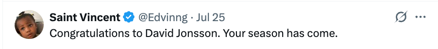 Tweet from Saint Vincent congratulating David Jonsson, saying, "Your season has come."