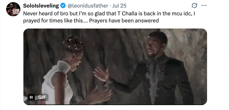 Tweet screenshot with GIF; text expresses excitement about T'Challa's return to the MCU