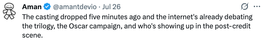 A tweet humorously discusses online excitement over a recent casting, speculating about the trilogy, Oscar campaign, and post-credit scene appearances