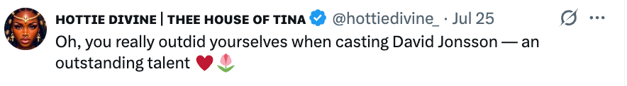 Tweet praising David Jonsson's casting as an outstanding talent, with heart and flower emojis