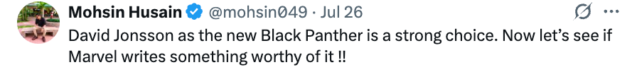 Tweet by Mohsin Husain discussing David Jonsson as the new Black Panther and questioning Marvel's writing quality