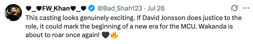 Tweet expressing excitement about David Jonsson's casting in the MCU, hinting at a new era for Wakanda