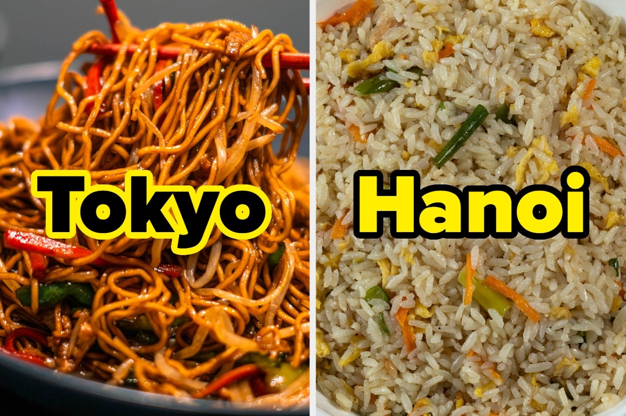 Noodles labeled "Tokyo" on left; fried rice labeled "Hanoi" on right