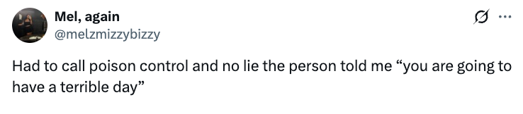 Tweet dari Mel: Disebut pengendalian racun dan diberi tahu, 