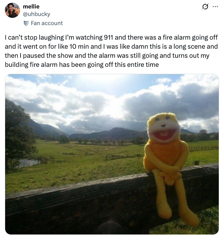 Boneka menyerupai beruang kuning duduk di tiang pagar kayu di lanskap pedesaan. Teks Tweet di atas dengan lucu menggambarkan kesalahan alarm kebakaran