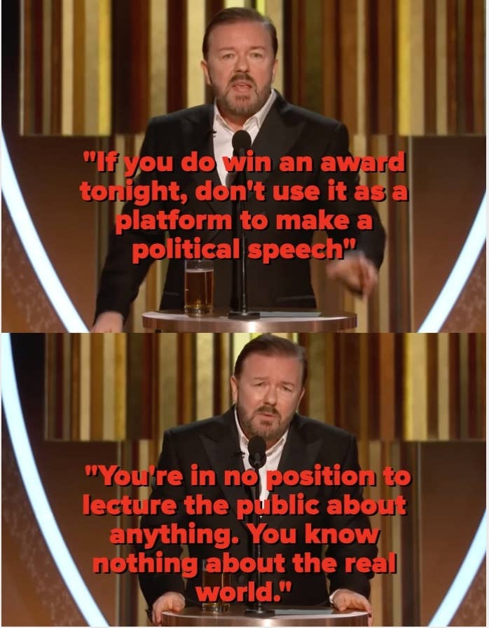 Ricky Gervais speaking at the 2020 Golden Globe Awards, advising winners not to make political speeches due to their lack of real-world experience
