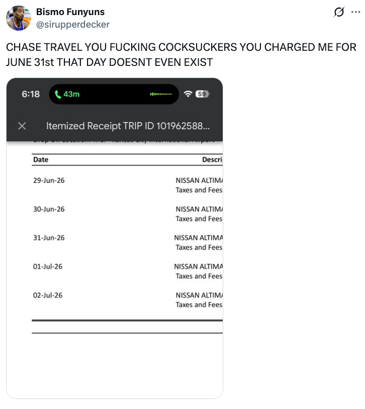 Tweet yang mengungkapkan rasa frustrasi dengan tagihan untuk tanggal yang tidak ada, 31 Juni, oleh Chase Travel. Tangkapan layar tanda terima yang diperinci