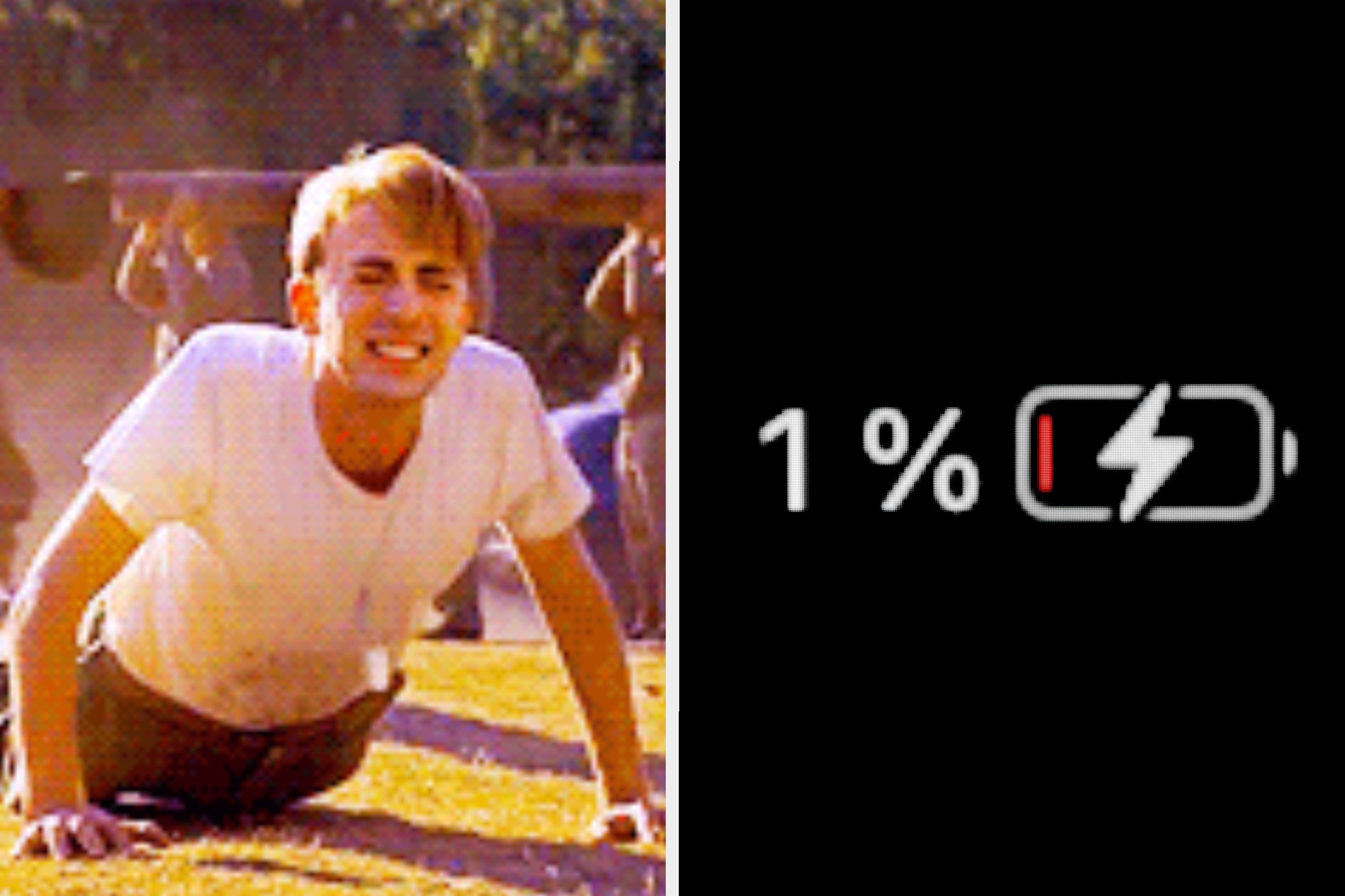 Person struggling with exercise on the left; phone battery icon at 1% on the right, illustrating exhaustion comparison
