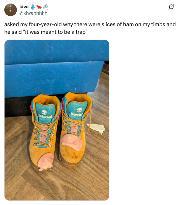 Sepatu bot anak-anak dengan irisan ham di atasnya, dimaksudkan sebagai a 