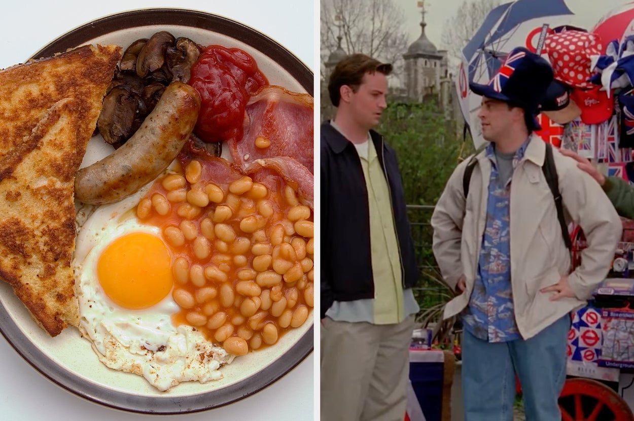 On the left, a plate with English breakfast. On the right, two men talking in front of a stand with UK-themed items