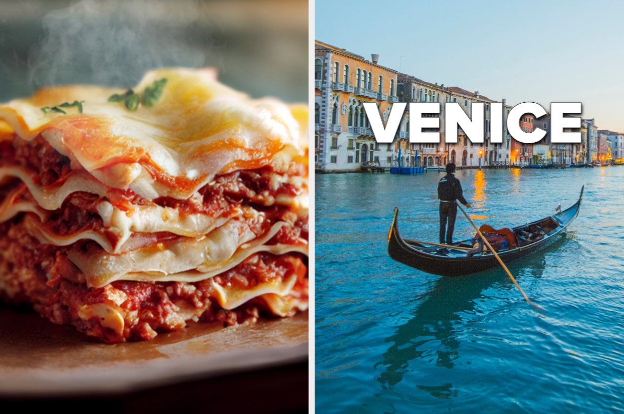 Lasagna slice and gondola on Venice canal