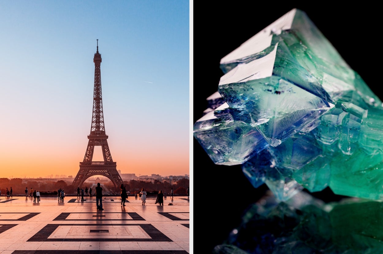 Left: Eiffel Tower at sunrise with people silhouettes. Right: Close-up of green and blue crystal formations
