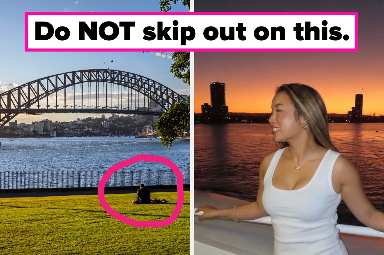 Sydney Harbor Bridge view; person sitting on grass; sunset cruise with smiling person on deck; text suggests visiting these attractions