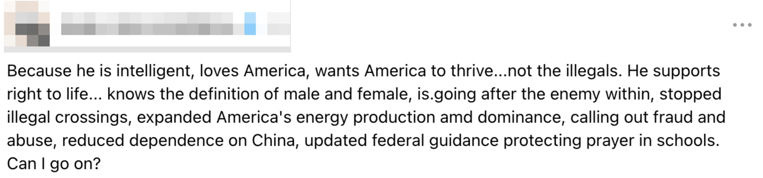 Kommentar sier at Trump er intelligent og elsker Amerika. Kommentator gir uttrykk for fremmedfiendtlige synspunkter og uttaler at Trump "kjenner definisjonen av mann og kvinne"