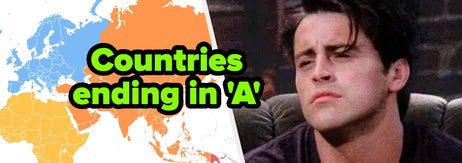 Map showing countries ending with 'A'; adjacent is a puzzled man from a TV show