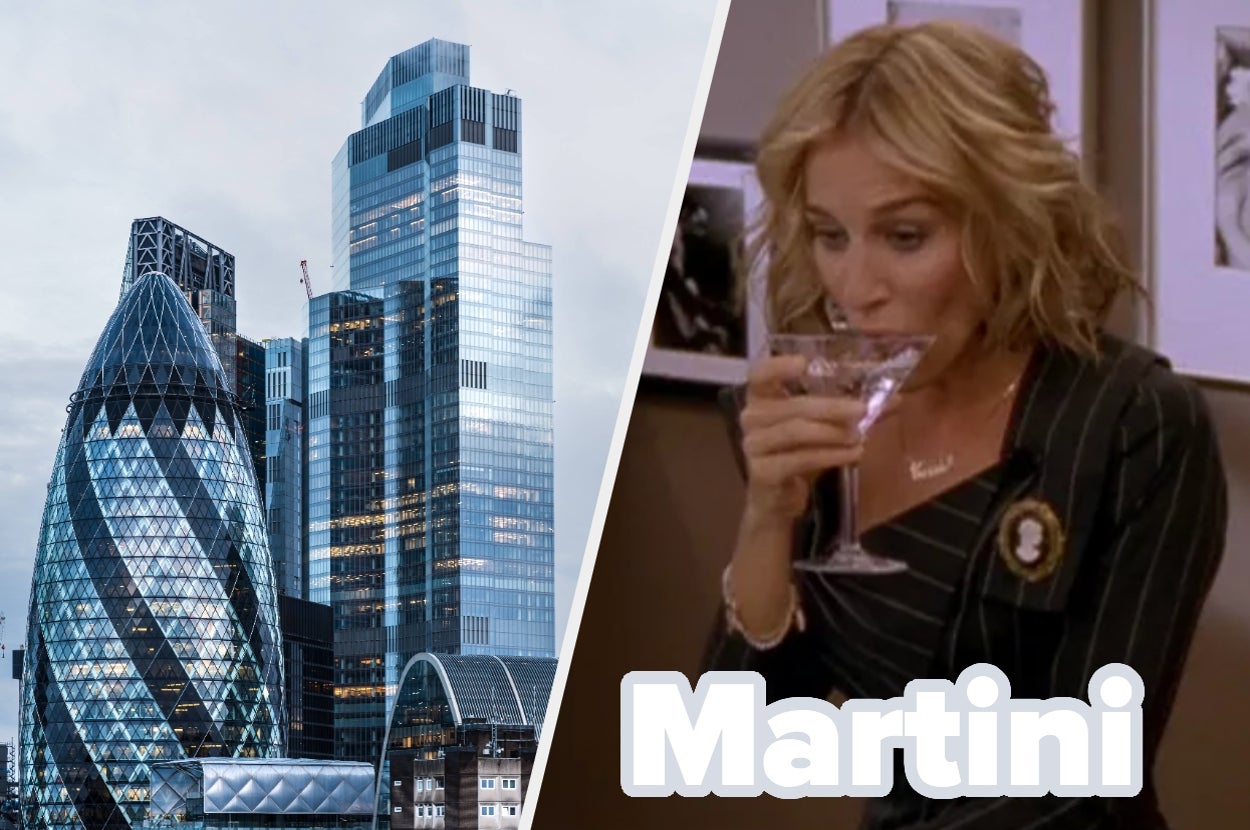 Split image: Modern skyscrapers on the left, a person drinking a martini on the right with the word "Martini" below
