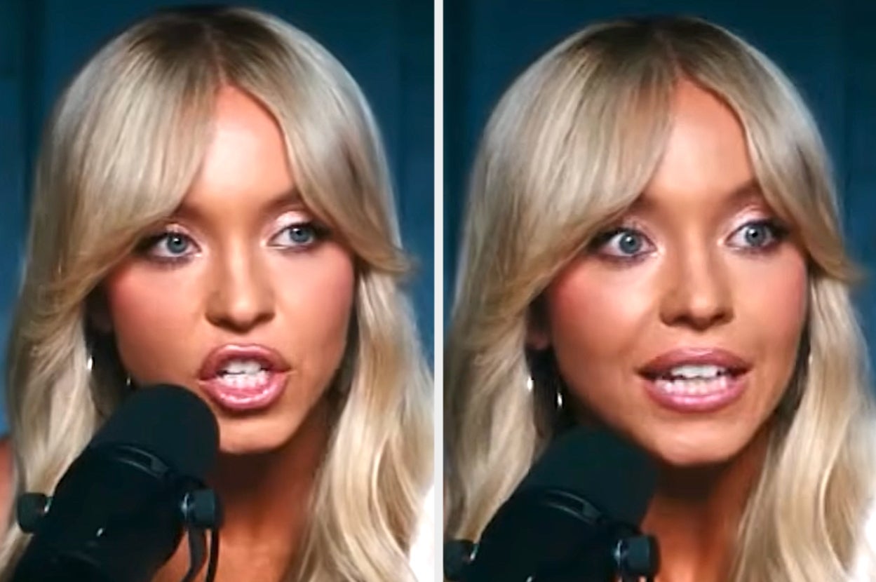 Sydney Sweeney speaking into a podcast microphone in a scene from Euphoria