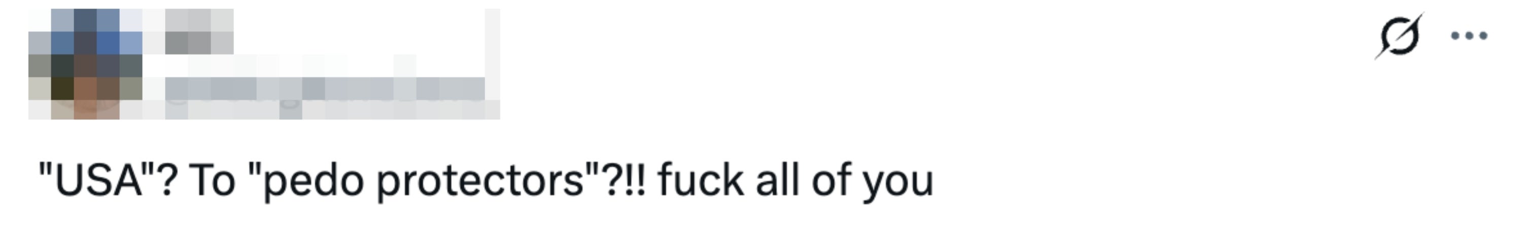 Tweet lyder "'USA' til 'pedobeskyttere'?!! faen alle sammen"