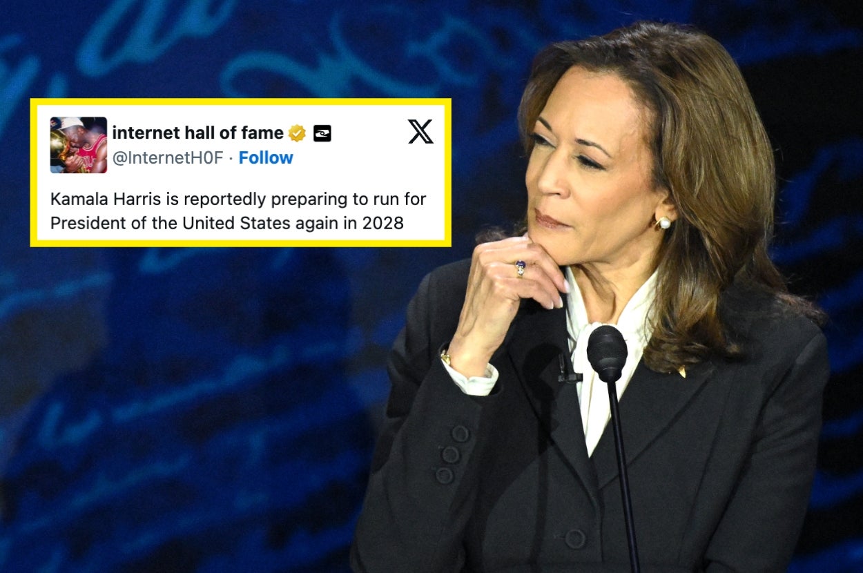 Person at a podium; tweet overlay says Kamala Harris may run for U.S. President in 2028