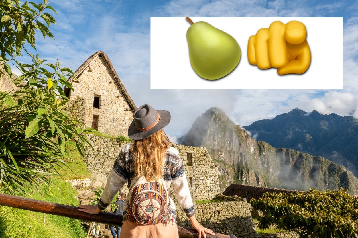 Person in patterned jacket and hat gazes at Machu Picchu ruins, with pear and praying emojis superimposed above