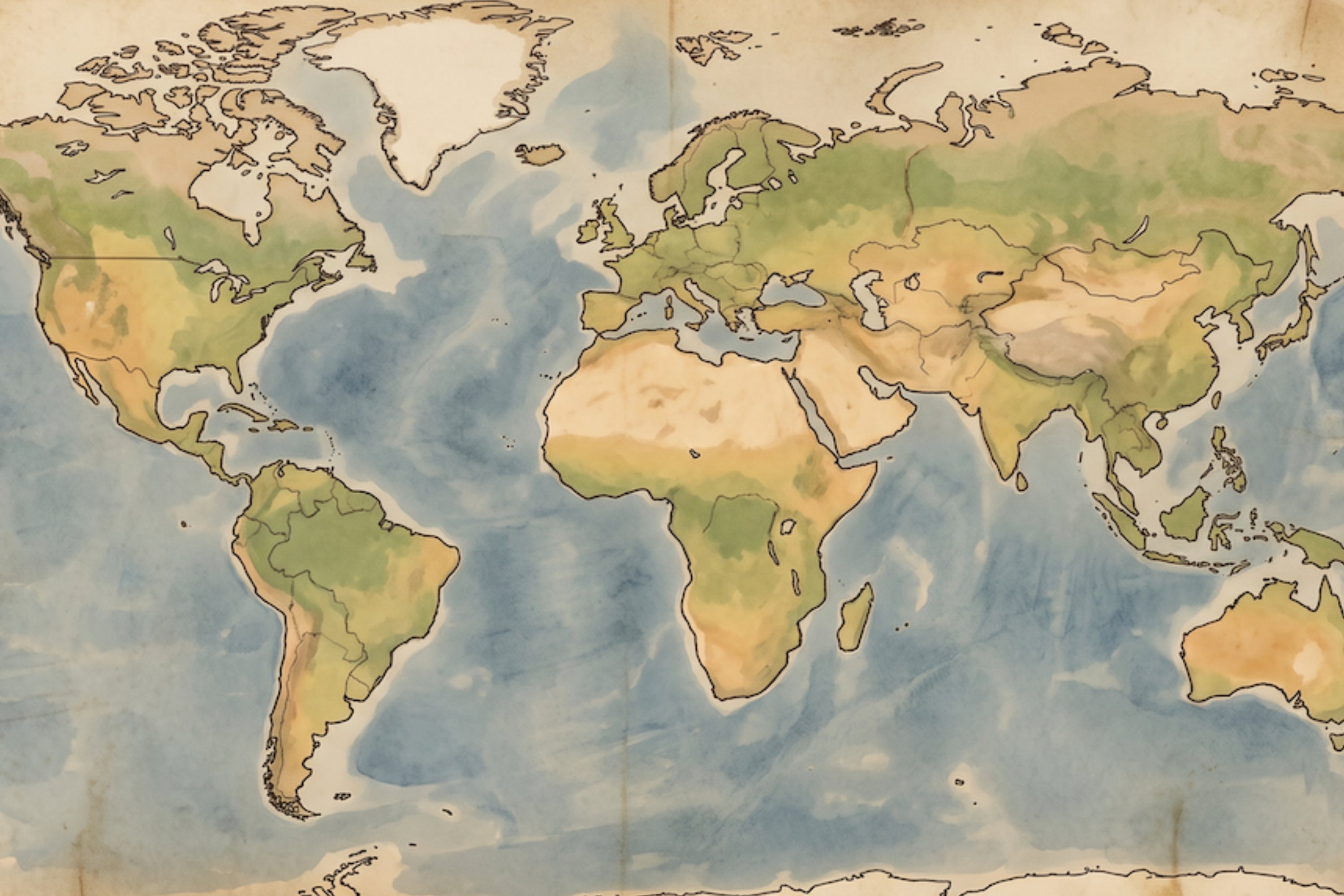 Illustrated world map with continents and oceans, styled like a treasure map