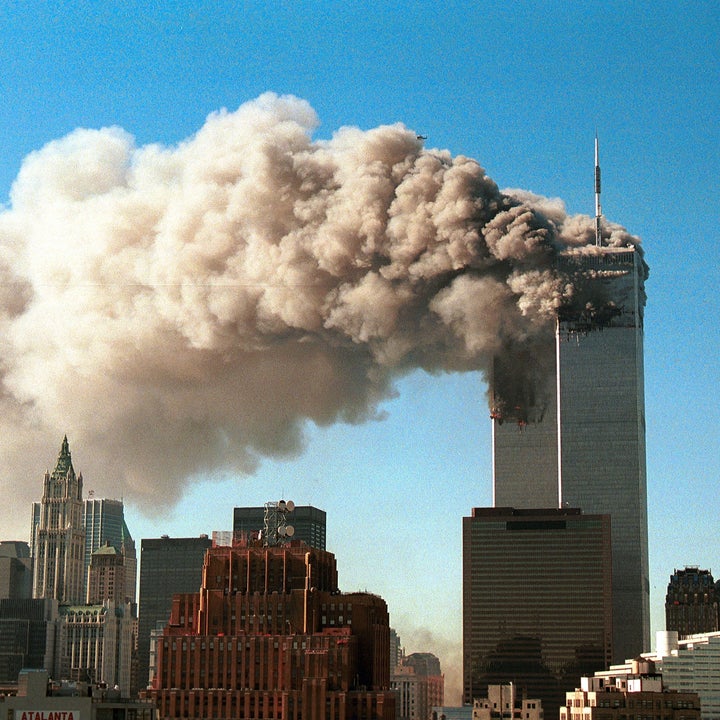 Smoke billows from the Twin Towers in New York City during the 9/11 attacks