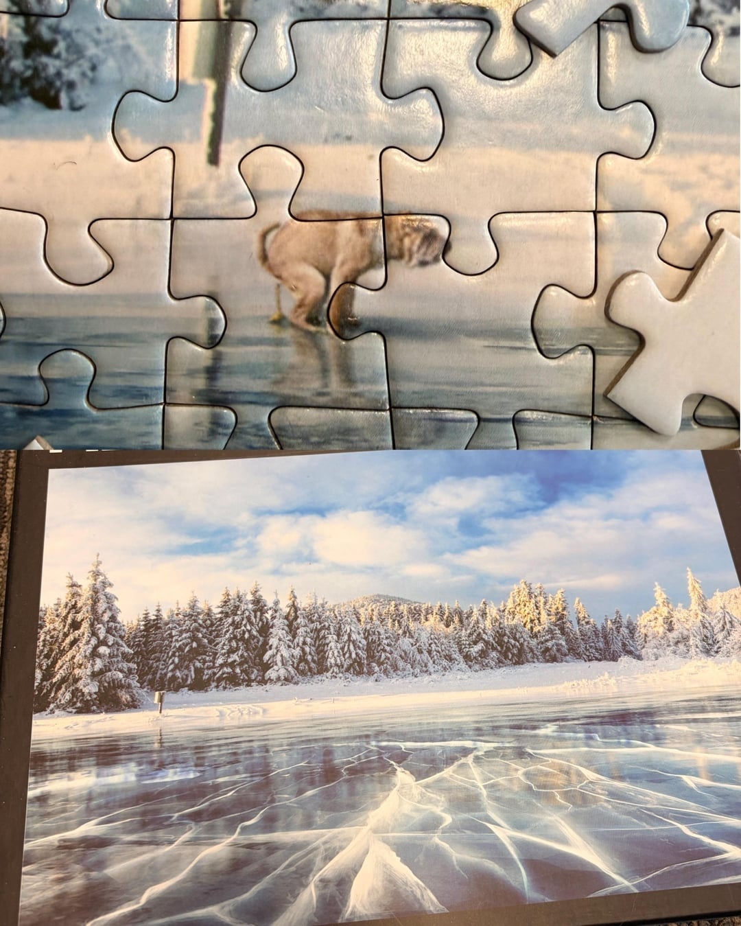 Partially assembled puzzle of a snowy landscape with a frozen lake and a distant figure