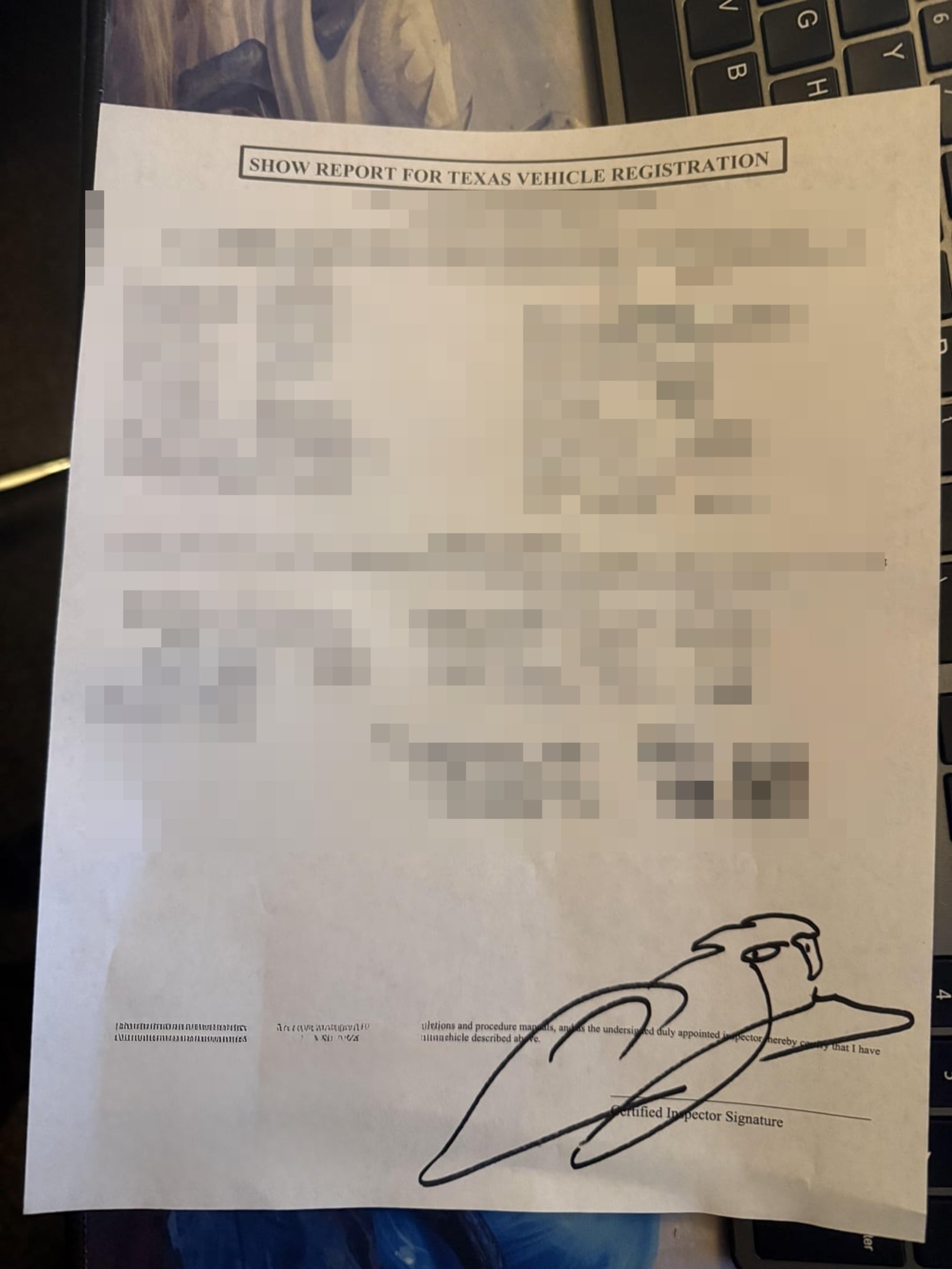 Summary of a Texas Vehicle Inspection Report showing vehicle details, emission test results, and inspector signature