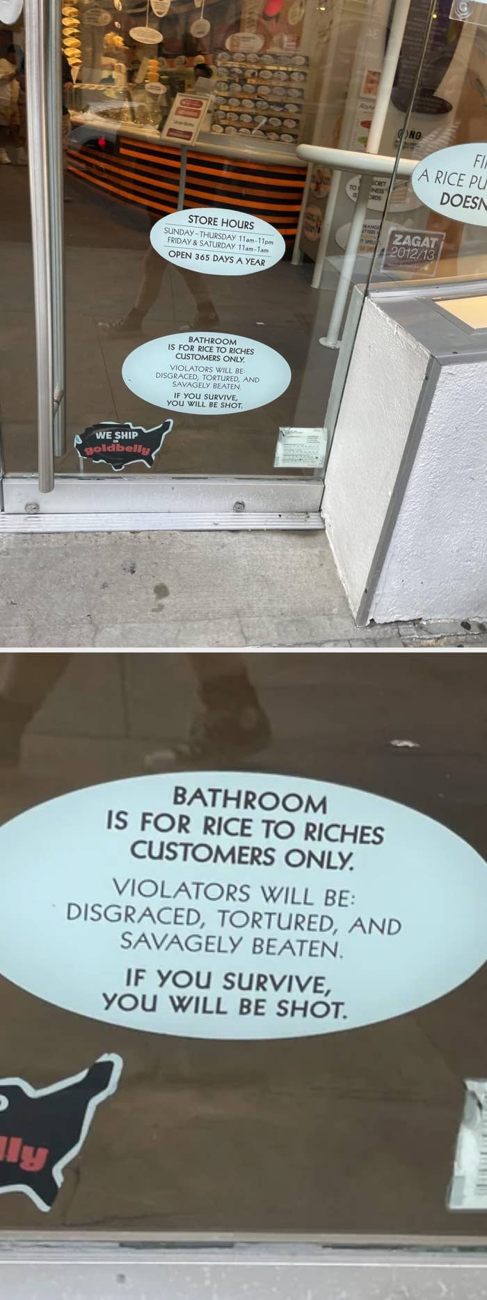 Store lists hours and warns restroom is for paying customers only, with humorous text about violators being tortured and shot