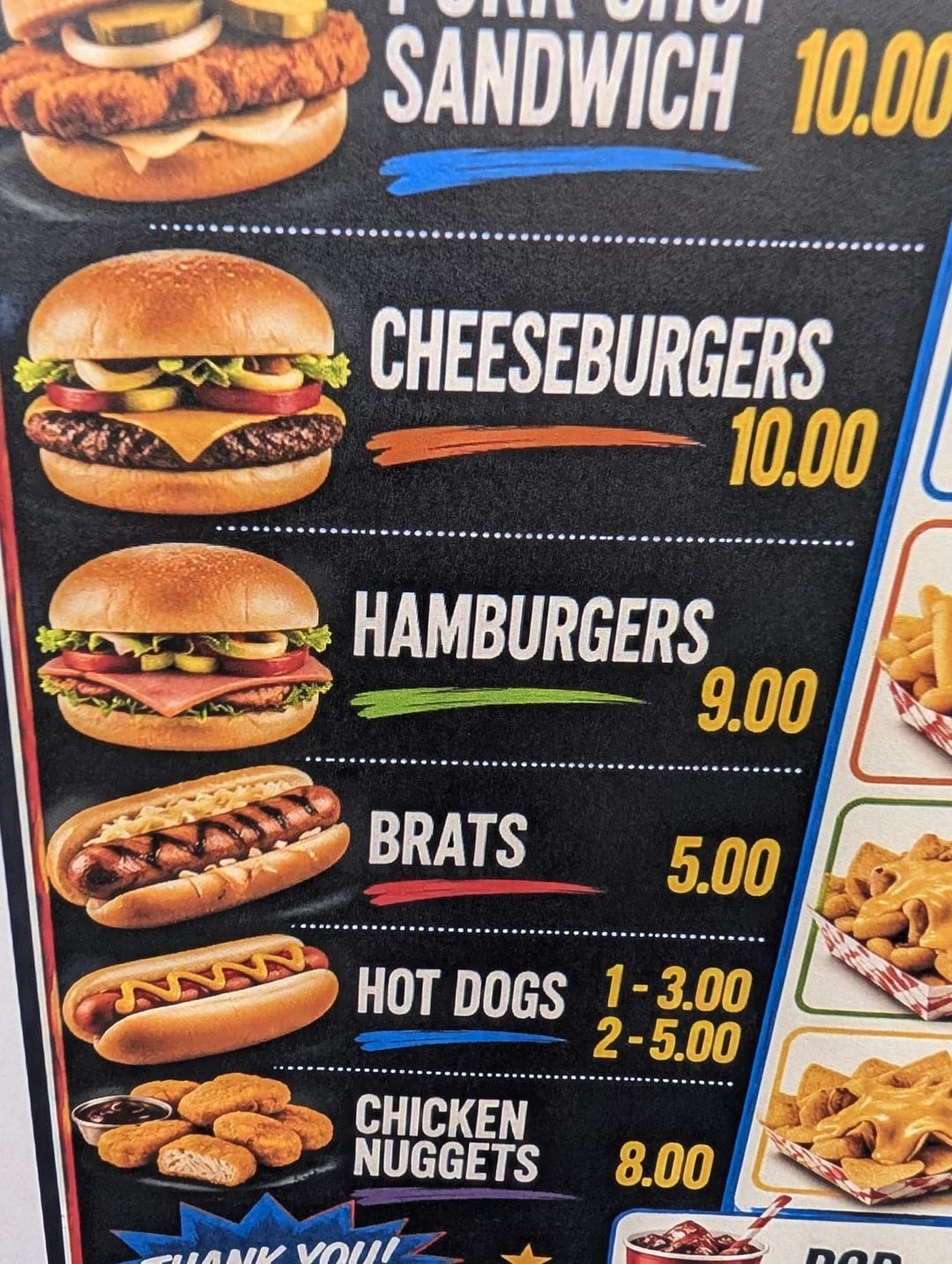 Menu with prices: Cheeseburgers $10, Hamburgers $9, Brats $5, Hot Dogs $1-$3, Chicken Nuggets $8