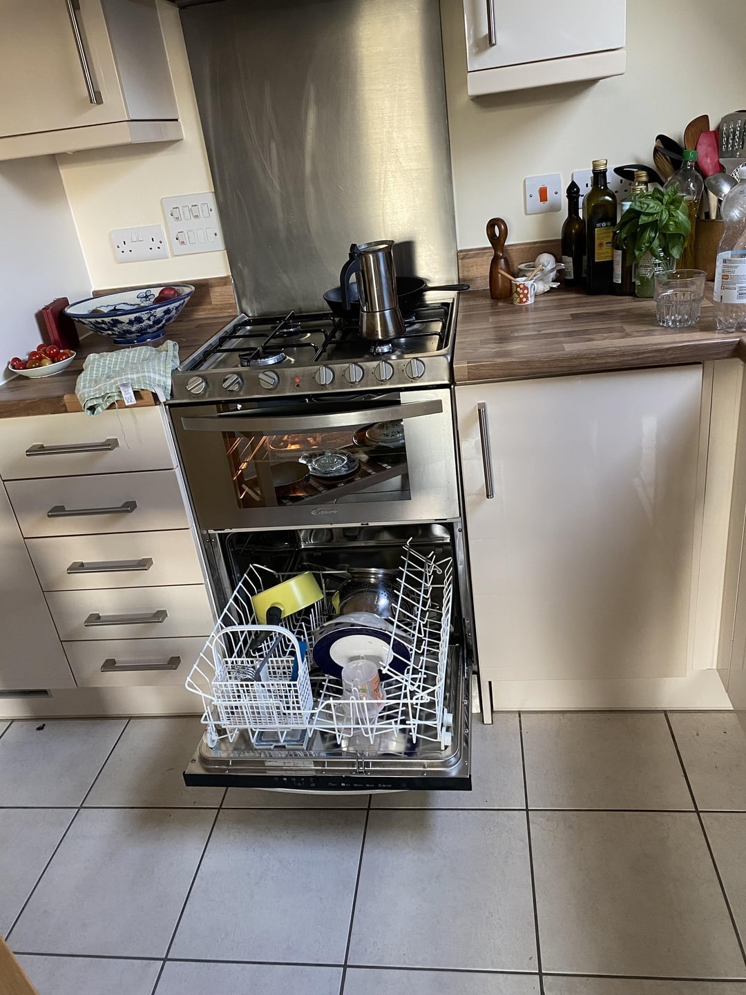 Kitchen with an open dishwasher full of plates and cups, adjacent to a stove with a kettle. Counter has various kitchen items