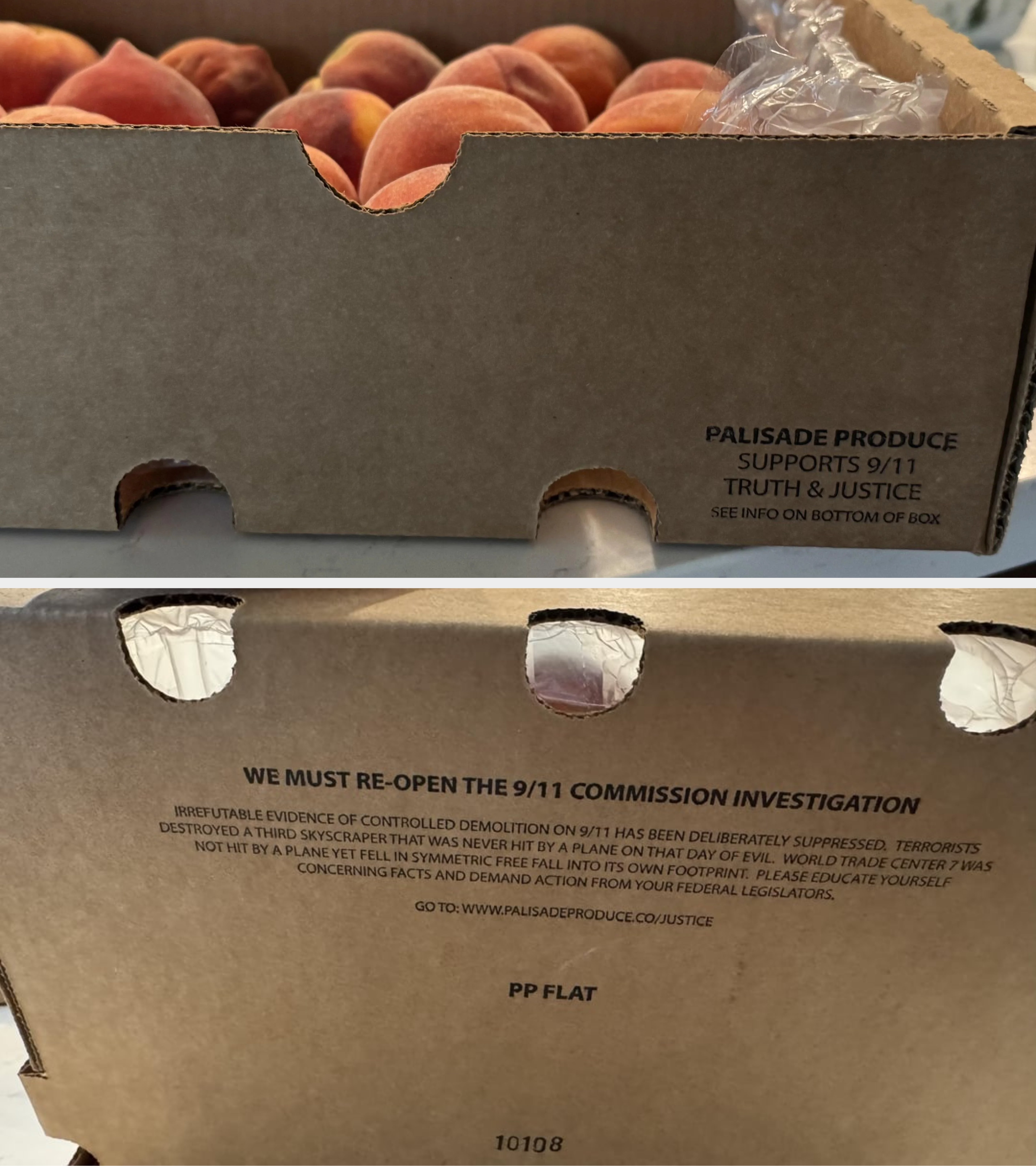 Cardboard box with printed text urging reopening of the 9/11 Commission Investigation, claiming evidence of controlled demolition