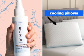 Left: Hand holding a bottle of face and skin spray. Right: Arrow pointing to cooling pillows on a bed