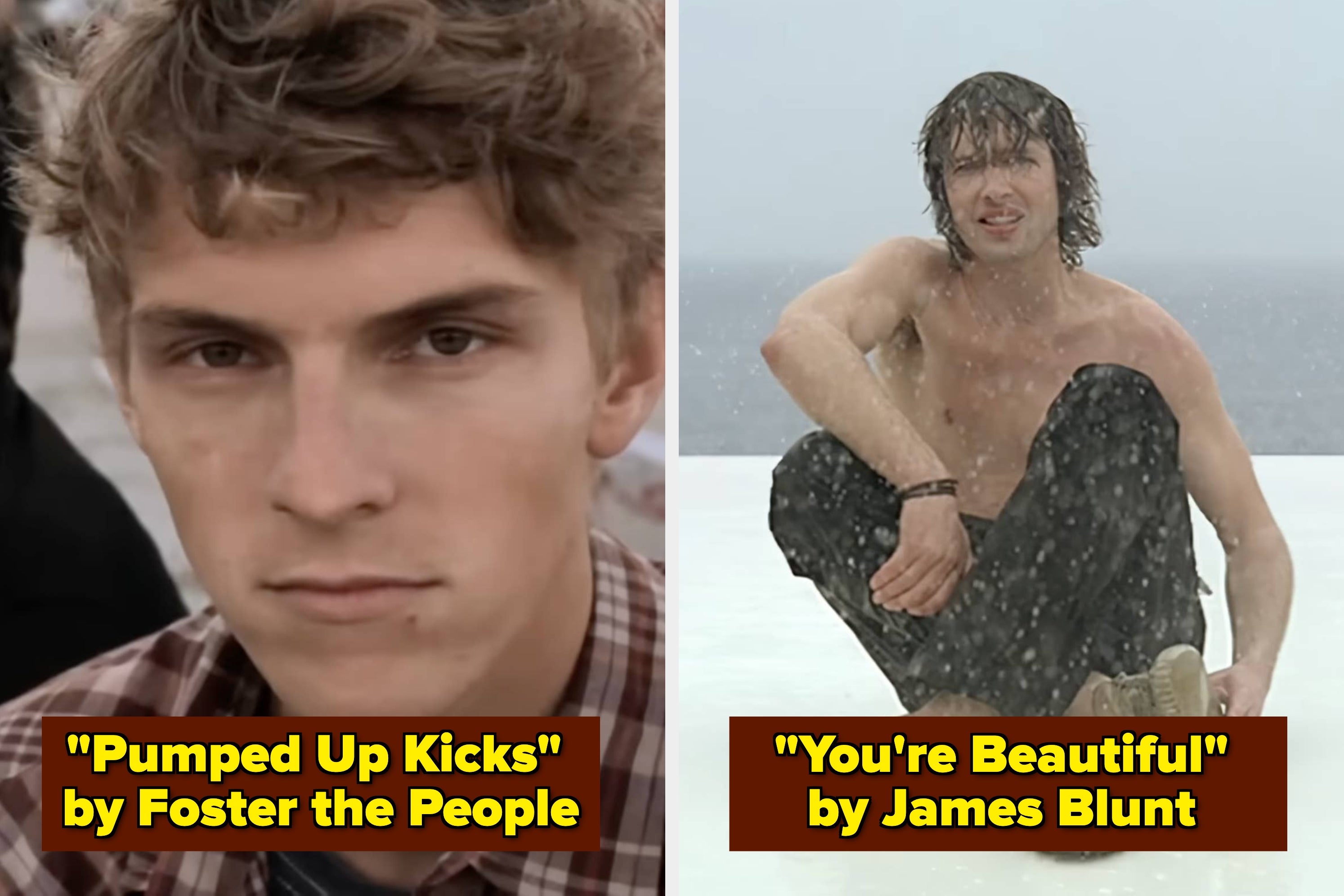 On the left, a person with a teased hairstyle sings into a microphone. On the right, a person is sitting shirtless, with text: "'You're Beautiful' by James Blunt (2005)."