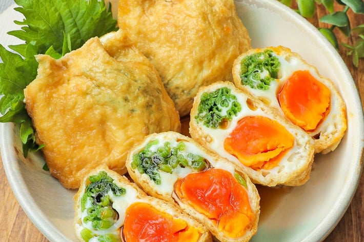 卵とほうれん草の油揚げ巾着