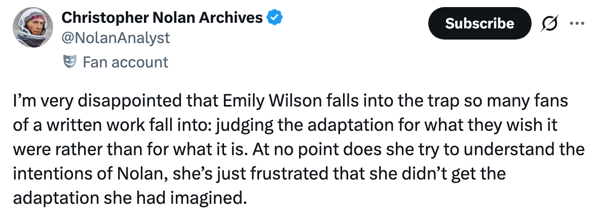 Christopher Nolan fan tweet criticizes Emily Wilson for judging an adaptation against her expectations rather than its own merits