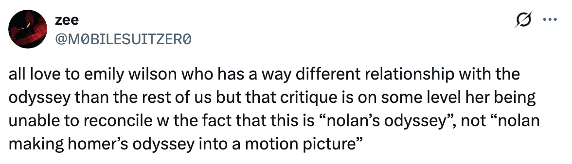 Tweet discussing Emily Wilson's unique relationship with the "Odyssey" and the critique of Nolan's adaptation as "Nolan's Odyssey"