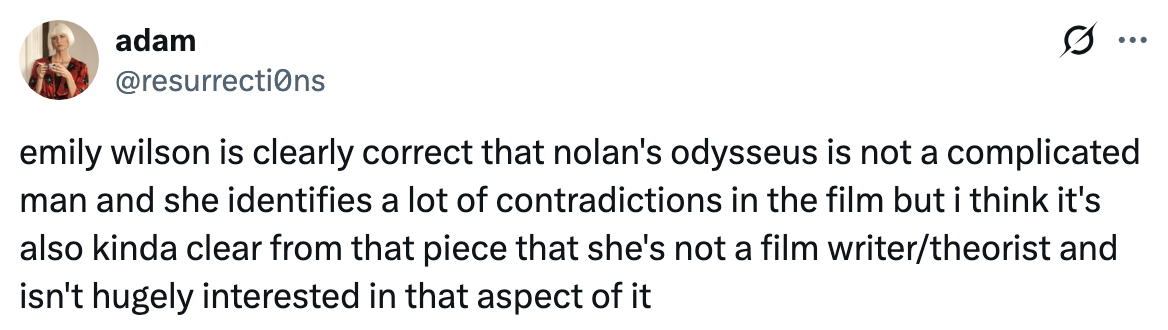 Tweet discussing Emily Wilson's interpretation of Nolan's film, critiquing its contradictions and her perspective as not being a film theorist
