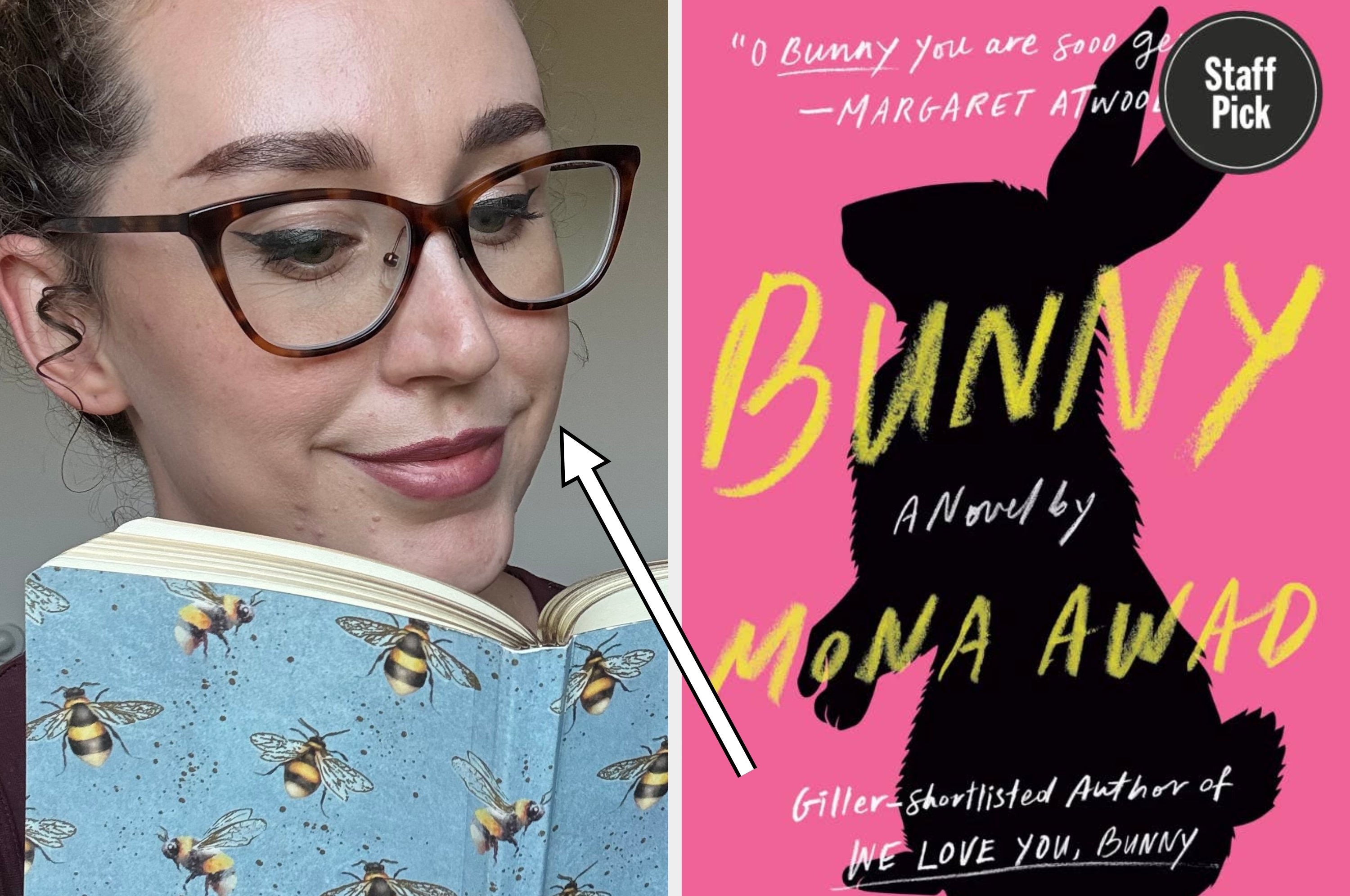 Person reading a book titled "Bunny" by Mona Awad, which is a staff pick. The cover features a silhouette of a rabbit