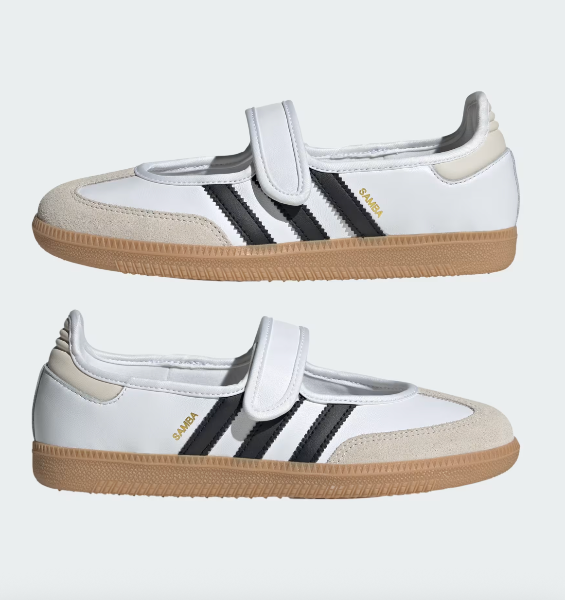 Adidas Samba shoes with Velcro strap, featuring classic stripes and rubber sole. Ideal for casual and sporty looks