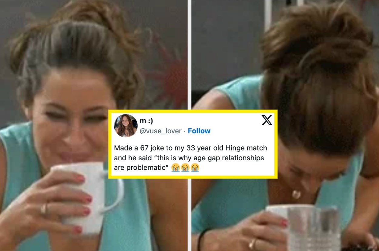 Woman laughing and drinking from a mug. Text overlay joking about age gaps in dating apps