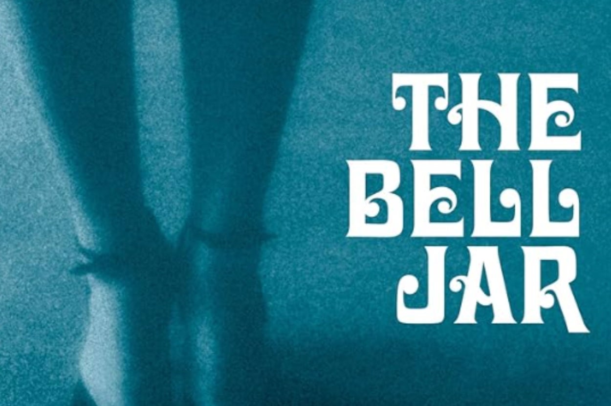Cover of "The Bell Jar" by Sylvia Plath, featuring blurred legs in the background and stylized white text