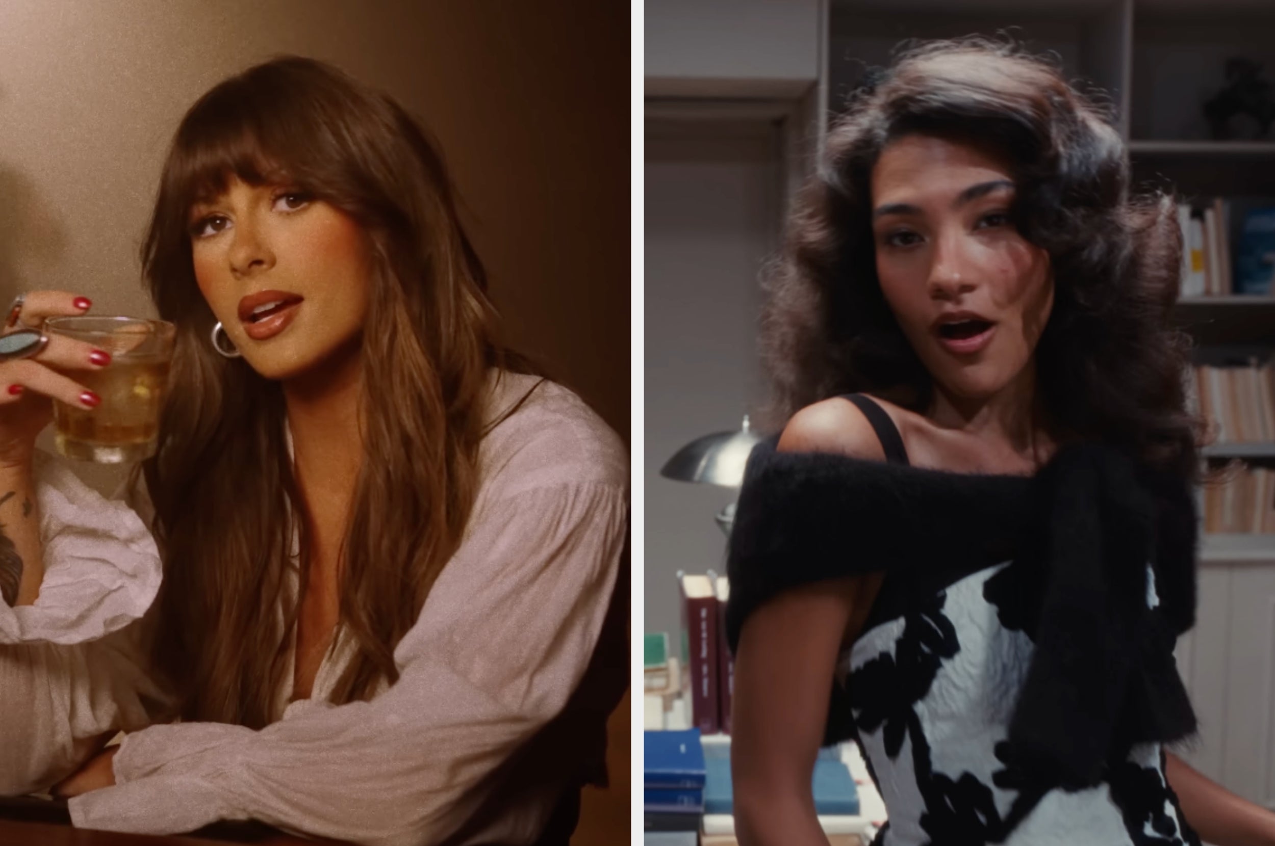 On the left, Ella Langley holding a drink in the Choosin Texas lyric video, and on the right, Olivia Dean in an office setting in the So Easy (To Fall in Love" music video