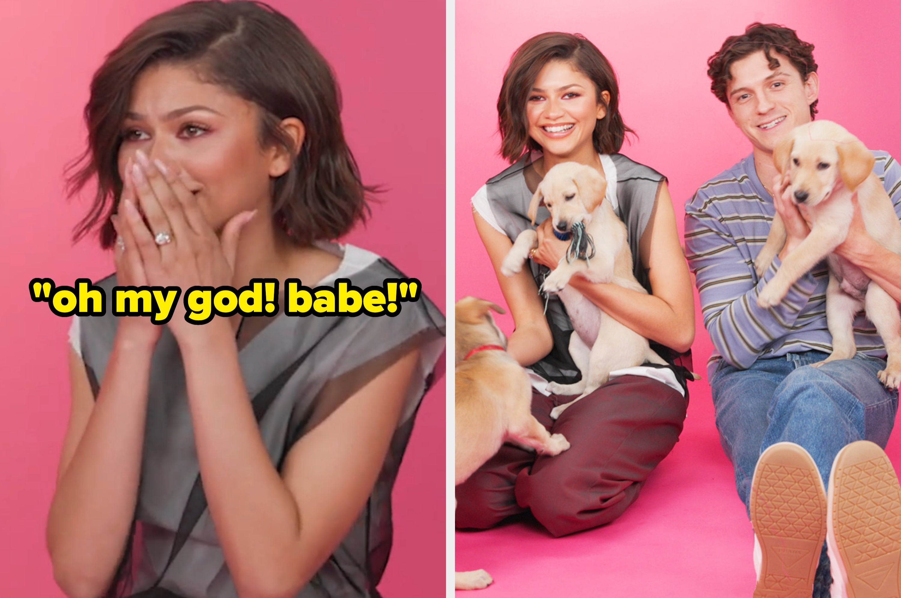 Two people smiling and holding puppies, one wearing a sheer top and the other in a striped shirt, with a text overlay saying "oh my god! babe!"