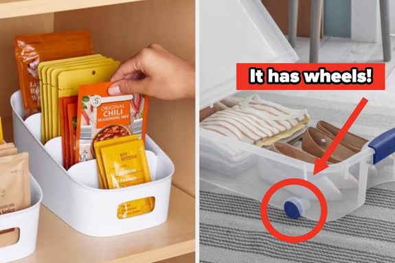 Left: Hand organizing spice packets in bin. Right: Under-bed plastic storage box on wheels, used for linens and shoes